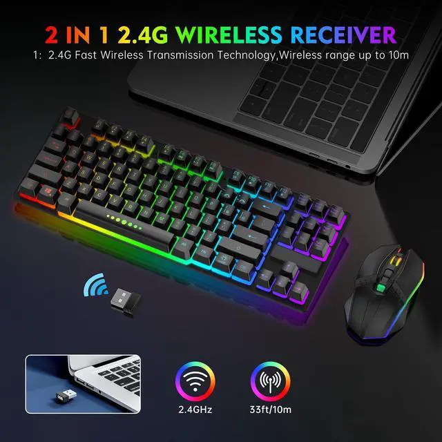 Alt view image 4 of 7 - Wireless Keyboard and Mouse, 87 Keys Mechanical Feel Keyboard Mice Combo, Anti-Ghosting Ergonomic Rechargeable W/ 2.4G Wireless Receiver, RGB LED Backlight for Windows Computer PC Gamer