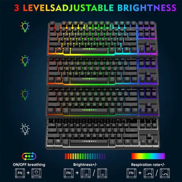 Alt view image 7 of 7 - Wireless Keyboard and Mouse, 87 Keys Mechanical Feel Keyboard Mice Combo, Anti-Ghosting Ergonomic Rechargeable W/ 2.4G Wireless Receiver, RGB LED Backlight for Windows Computer PC Gamer