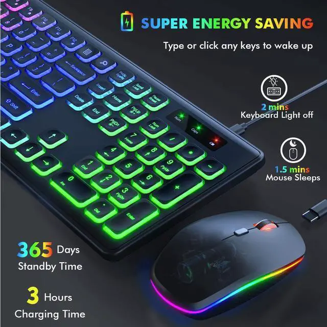Alt view image 3 of 7 - Wireless Keyboard and Mouse Combo RGB Backlit Rechargeable 2.4GHz Quiet 108 keys Keyboard-Black