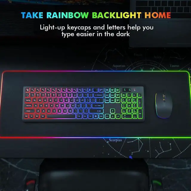 Alt view image 4 of 7 - Wireless Keyboard and Mouse Combo RGB Backlit Rechargeable 2.4GHz Quiet 108 keys Keyboard-Black