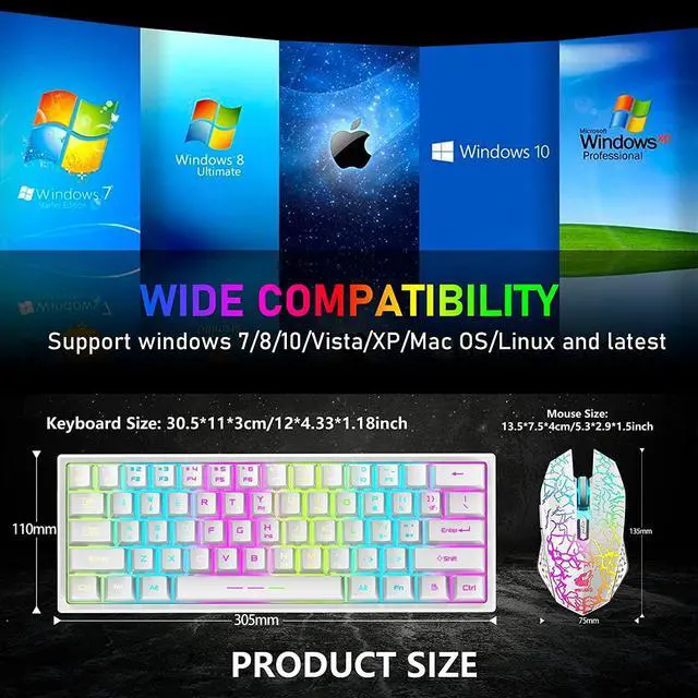 Alt view image 6 of 7 - Wireless Gaming Keyboard and Mouse Combo with Ergonomic 61 Key Rainbow LED Backlight Mechanical Feel Rechargeable RGB Mute Mice for PC MAC Gamer Office Typists(White)