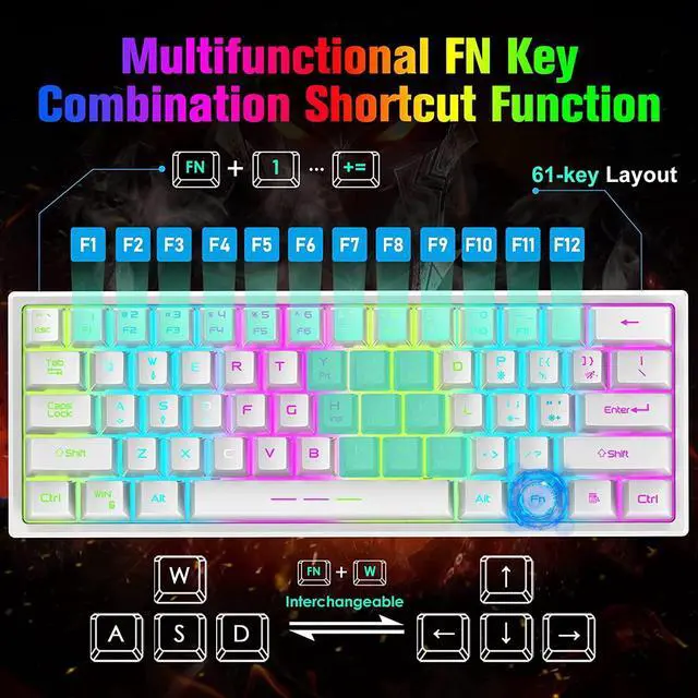 Alt view image 3 of 7 - Wireless Gaming Keyboard and Mouse Combo with Ergonomic 61 Key Rainbow LED Backlight Mechanical Feel Rechargeable RGB Mute Mice for PC MAC Gamer Office Typists(White)