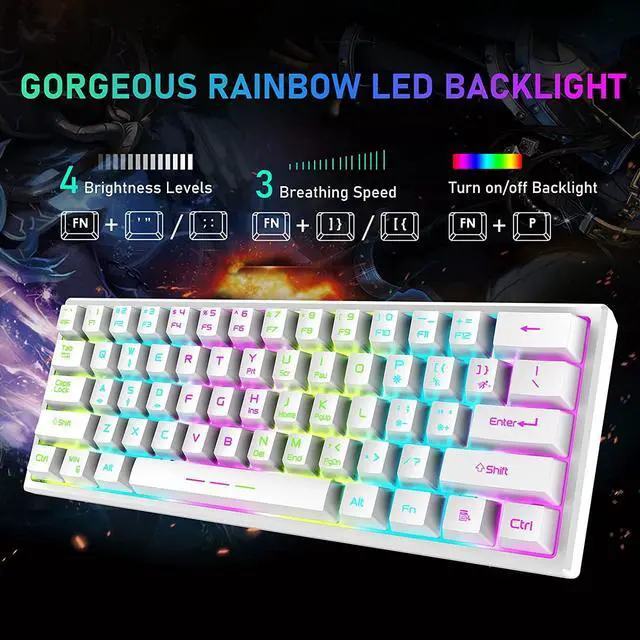 Alt view image 2 of 7 - Wireless Gaming Keyboard and Mouse Combo with Ergonomic 61 Key Rainbow LED Backlight Mechanical Feel Rechargeable RGB Mute Mice for PC MAC Gamer Office Typists(White)