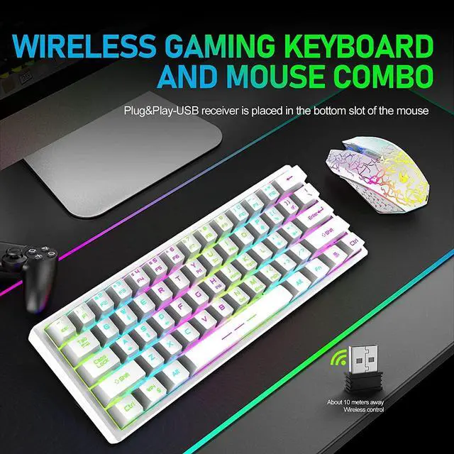 Alt view image 7 of 7 - Wireless Gaming Keyboard and Mouse Combo with Ergonomic 61 Key Rainbow LED Backlight Mechanical Feel Rechargeable RGB Mute Mice for PC MAC Gamer Office Typists(White)