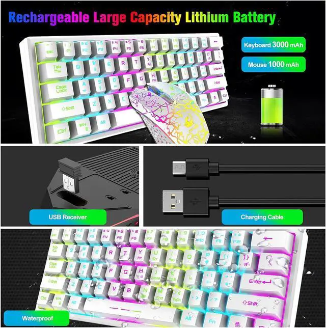 Alt view image 4 of 7 - Wireless Gaming Keyboard and Mouse Combo with Ergonomic 61 Key Rainbow LED Backlight Mechanical Feel Rechargeable RGB Mute Mice for PC MAC Gamer Office Typists(White)