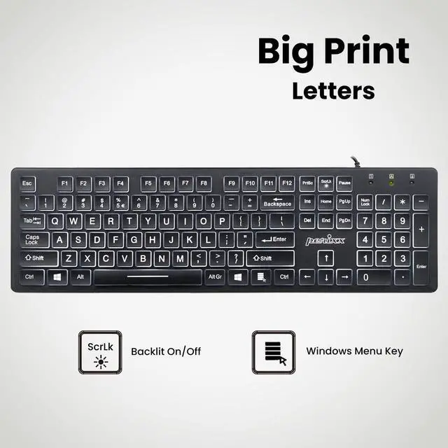 Alt view image 5 of 7 - Wired Backlit USB Keyboard - Large Print Letters - White Backlight LED - Black