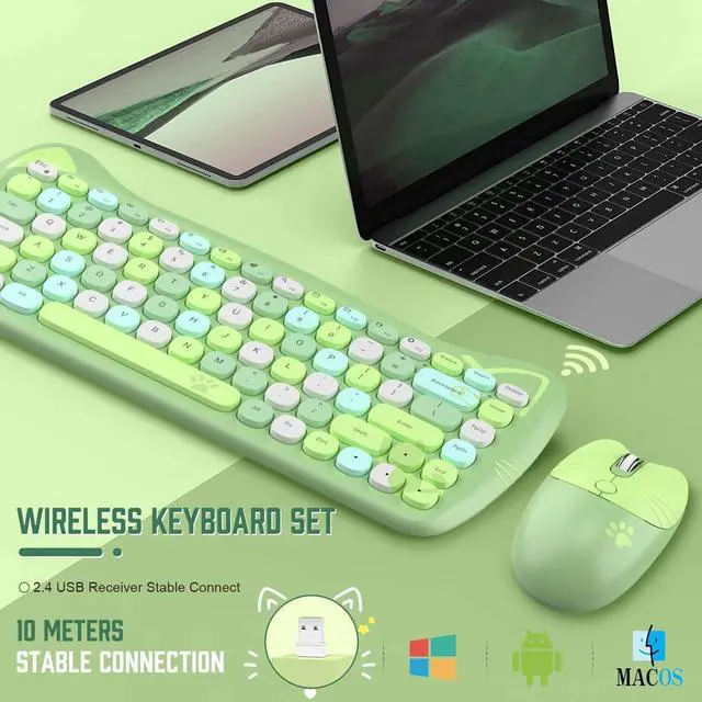 Alt view image 3 of 5 - Wireless Keyboard and Mouse Combo,84 Key Retro Colorful Cordless Keyboards,Typewriter Flexible Keys Office,2.4GHz Dropout-Free Connection and Ergonomic Design Compatible with PC Computer Laptop(Green)