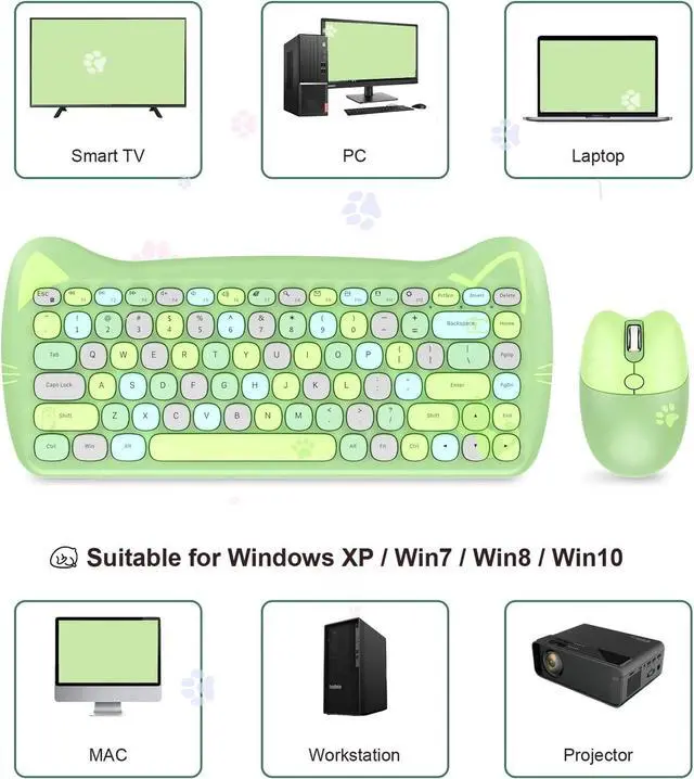 Alt view image 5 of 5 - Wireless Keyboard and Mouse Combo,84 Key Retro Colorful Cordless Keyboards,Typewriter Flexible Keys Office,2.4GHz Dropout-Free Connection and Ergonomic Design Compatible with PC Computer Laptop(Green)