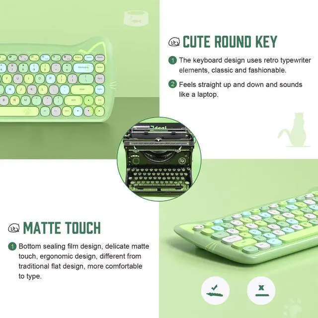 Alt view image 4 of 5 - Wireless Keyboard and Mouse Combo,84 Key Retro Colorful Cordless Keyboards,Typewriter Flexible Keys Office,2.4GHz Dropout-Free Connection and Ergonomic Design Compatible with PC Computer Laptop(Green)