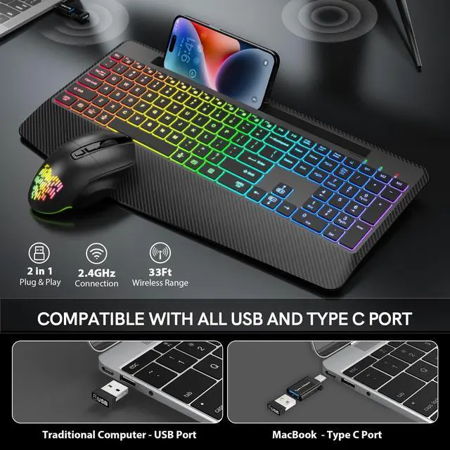 Alt view image 3 of 7 - Wireless Keyboard and Mouse Backlits, Wrist Rest, Jiggler Mouse
