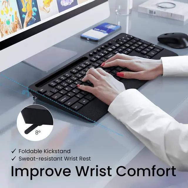 Alt view image 5 of 7 - Wireless Keyboard and Mouse Combo, 2.4GHz Ergonomic 104 Full Size Keyboard and Mouse with Phone Tablet Holder, 6-Button & 3-DPI Silent Wireless Mouse, Long Battery Life, 10 Independent Shortcuts