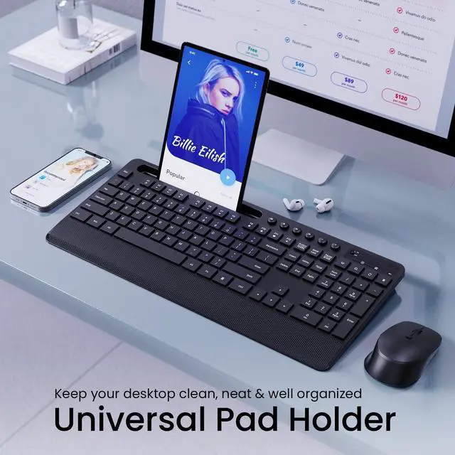 Alt view image 6 of 7 - Wireless Keyboard and Mouse Combo, 2.4GHz Ergonomic 104 Full Size Keyboard and Mouse with Phone Tablet Holder, 6-Button & 3-DPI Silent Wireless Mouse, Long Battery Life, 10 Independent Shortcuts