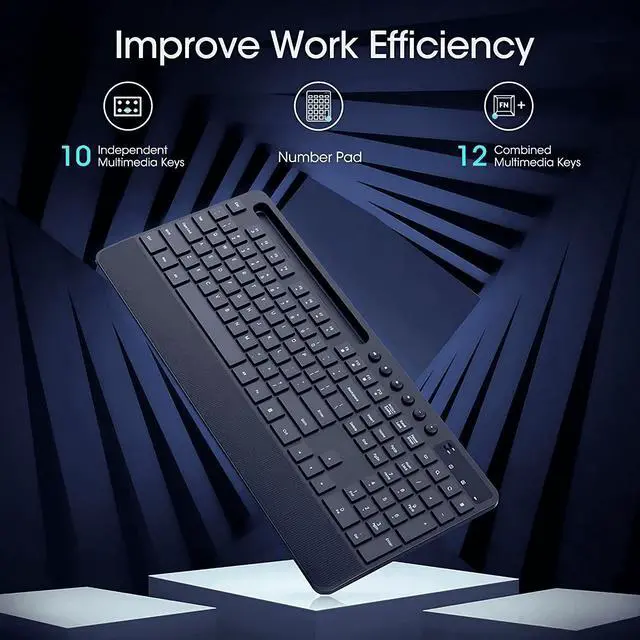 Alt view image 3 of 7 - Wireless Keyboard and Mouse Combo, 2.4GHz Ergonomic 104 Full Size Keyboard and Mouse with Phone Tablet Holder, 6-Button & 3-DPI Silent Wireless Mouse, Long Battery Life, 10 Independent Shortcuts