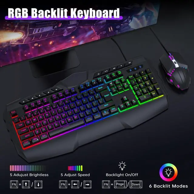 Alt view image 2 of 7 - Wired Gaming Keyboard and Mouse Combo, LED RGB Backlit 114 Keys Mechanical Feel Anti-ghosting Game Keyboard with 12 Multimedia Keys & 7 Colors Backlit Gaming Mouse for Windows PC Laptop Gamer