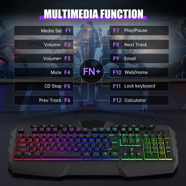 Alt view image 7 of 7 - Gaming Keyboard and Mouse Combo, LED RGB Backlit Wired Keyboard 114 Keys Mechanical Feel Anti-ghosting Keyboard & 7 Colors Mouse with 12 Multimedia Keys for Windows/XP/Vista PC Laptop Computer Gamer