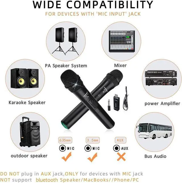 Alt view image 2 of 5 - 2-Pack Dual USB Professional VHF Wireless Microphone System Kits with Receiver for Karaoke, Operates frequency 658.8  658.8 Mhz band, Voice Amplifier, Sing, Speech Conference etc