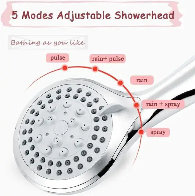 Alt view image 3 of 7 - High Pressure Shower Head 5 Settings Handheld Shower Heads Spray With 5 FT Hose