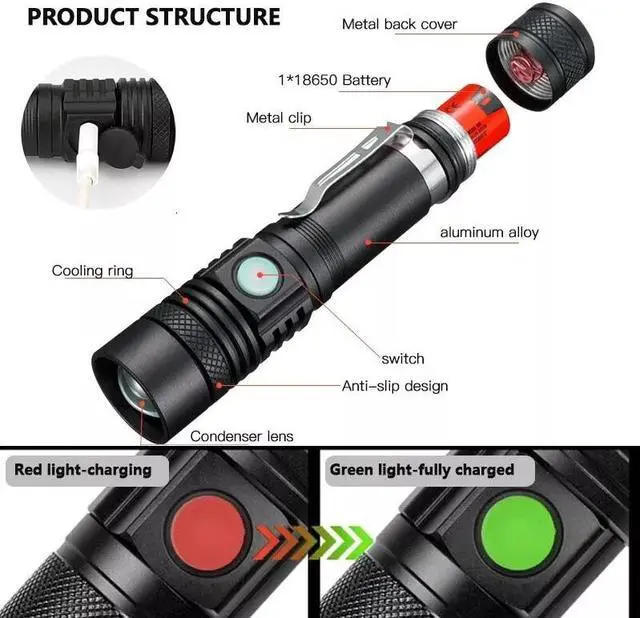 Alt view image 4 of 7 - Super Bright 90000LM LED Tactical Flashlight Zoomable With Rechargeable Battery