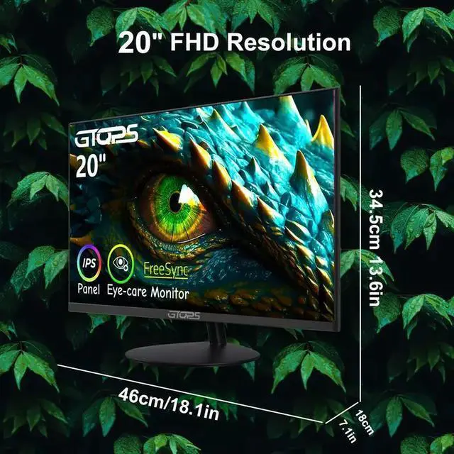 Alt view image 7 of 7 - GTQPS 20" FHD IPS Gaming Monitor with FreeSync, Blue Light Filter, Low Motion Blur, VESA Mount, 99% SRGB, HDTV, VGA, Black