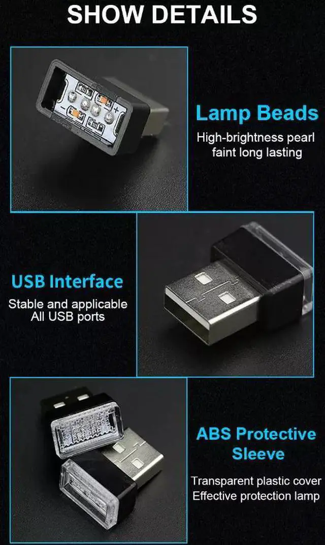 Alt view image 2 of 7 - 3x Mini Blue LED USB Car Interior Light Neon Atmosphere Ambient Lamp Accessories