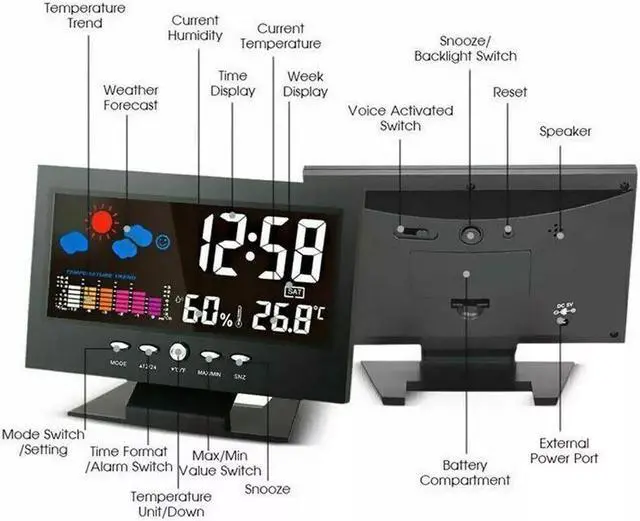 Alt view image 5 of 7 - LED Digital Alarm Clock Snooze Calendar Thermometer Hygrometer Weather Display
