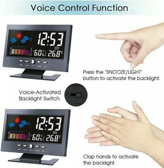 Alt view image 4 of 7 - LED Digital Alarm Clock Snooze Calendar Thermometer Hygrometer Weather Display