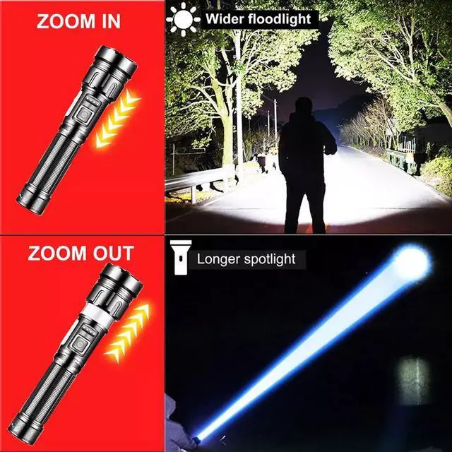 Alt view image 7 of 7 - Outdoor LED Super Bright Flashlight USB Rechargeable Zoom Tactical Flashlight