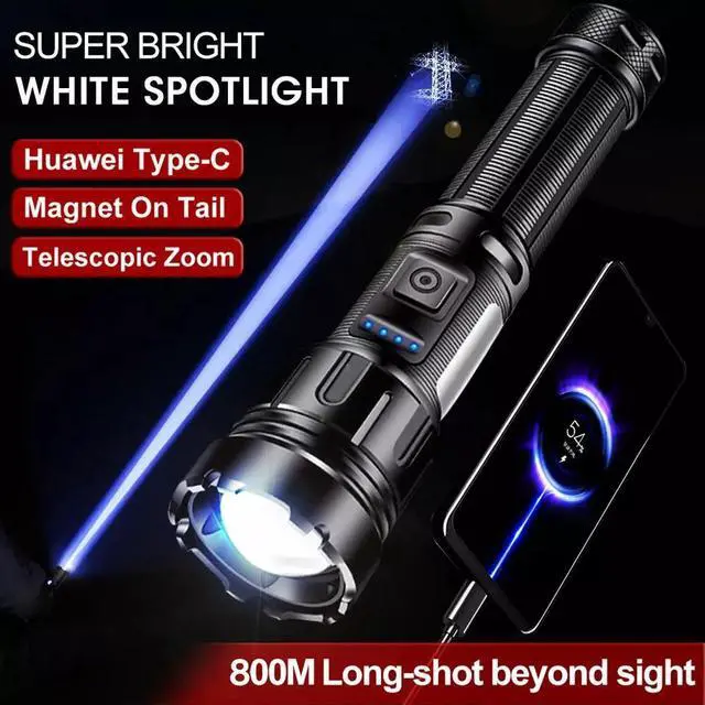 Alt view image 3 of 7 - Outdoor LED Super Bright Flashlight USB Rechargeable Zoom Tactical Flashlight