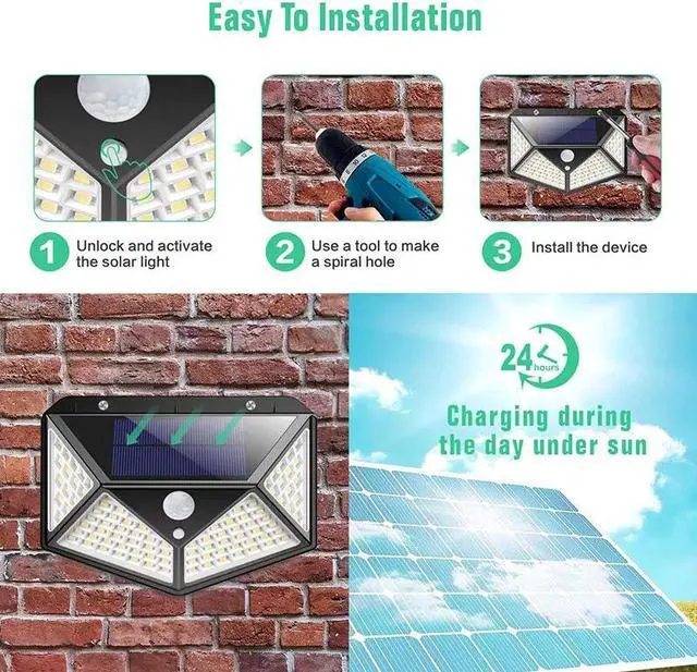Alt view image 4 of 7 - 4 PACK 100 LED Solar Power Light PIR Motion Sensor Outdoor Garden Wall Path Lamp