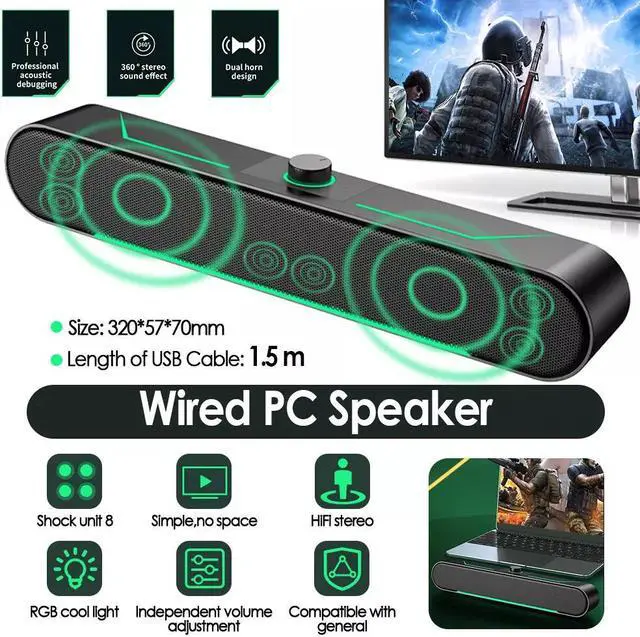 Main image of LED USB Computer Speakers Stereo Bass Subwoofer Wired 3.5mm Jack For Desktop PC
