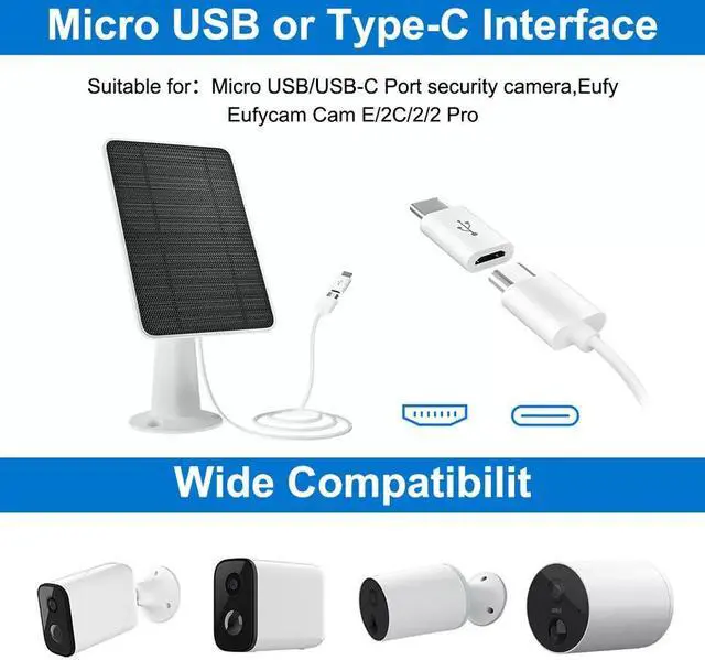 Alt view image 5 of 7 - 360° Solar Panel Charger for Outdoor Security Camera Eufy 10W Micro USB Type-C