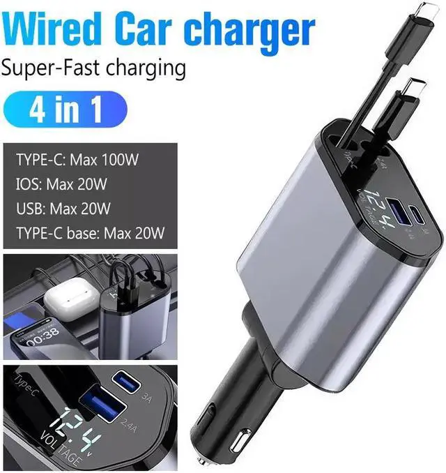 Alt view image 3 of 7 - 4 in 1 100W Car Charger USB Type C Cable For iPhone Android Fast Charge Adapter
