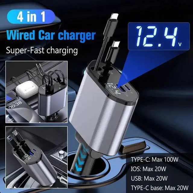 Alt view image 2 of 7 - 4 in 1 100W Car Charger USB Type C Cable For iPhone Android Fast Charge Adapter