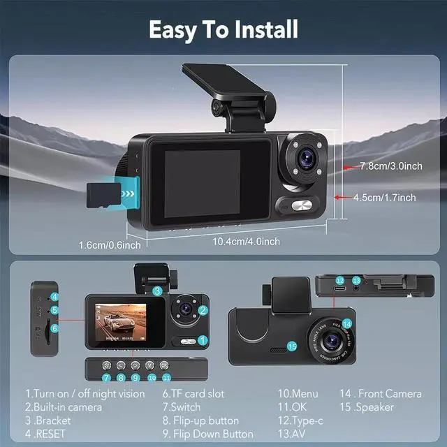 Alt view image 4 of 7 - 1080P WiFi Dash Cam for Car Front/Inside/Rear View Camera Video Recorde G-sensor