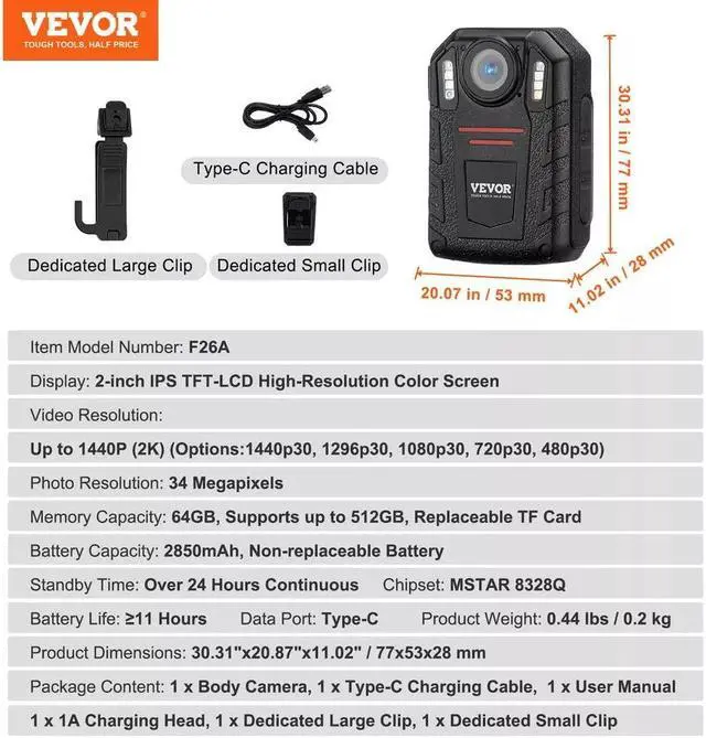 Alt view image 7 of 7 - 1440P Police Body Camera 64G Body Cam with 2850 mAh Battery Night Vision