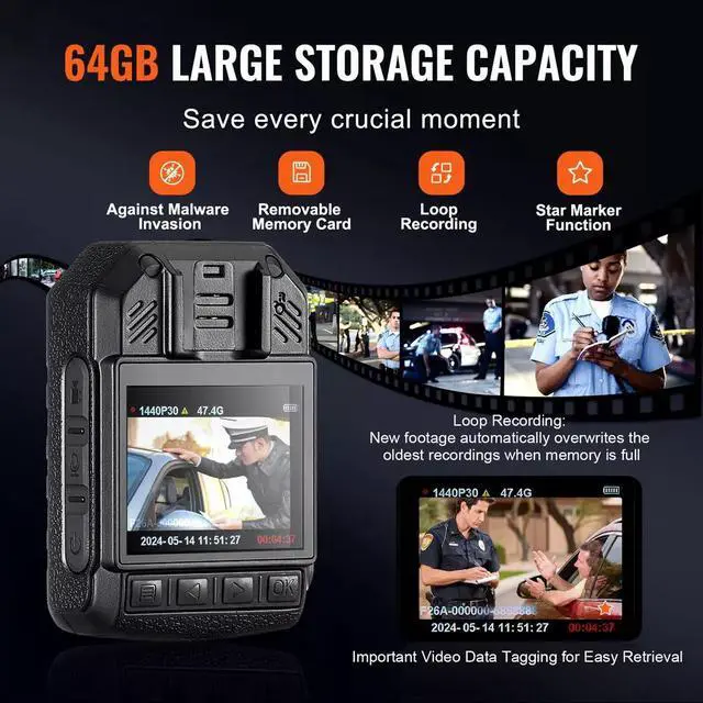 Alt view image 5 of 7 - 1440P Police Body Camera 64G Body Cam with 2850 mAh Battery Night Vision