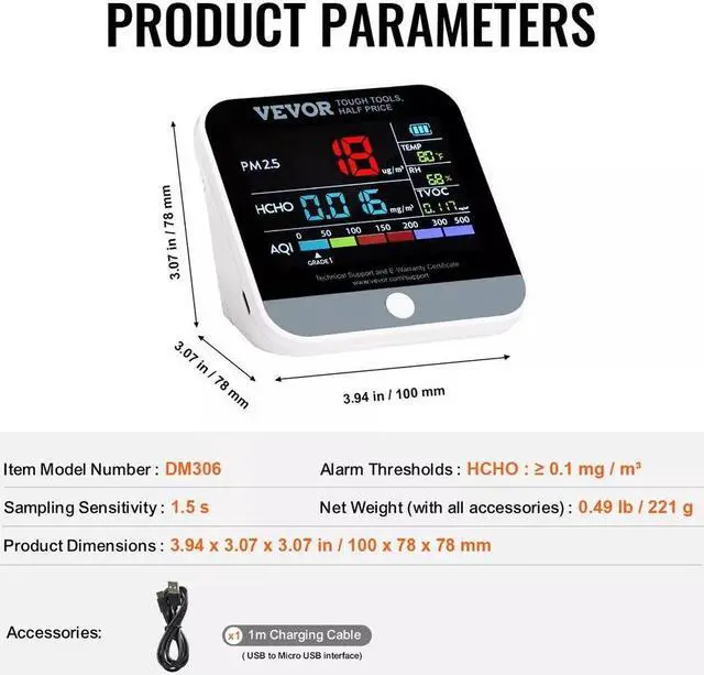 Alt view image 7 of 7 - 8-IN-1 Mini Air Quality Monitor Meter PM1.0/2.5/10 HCHO TVOC Tester