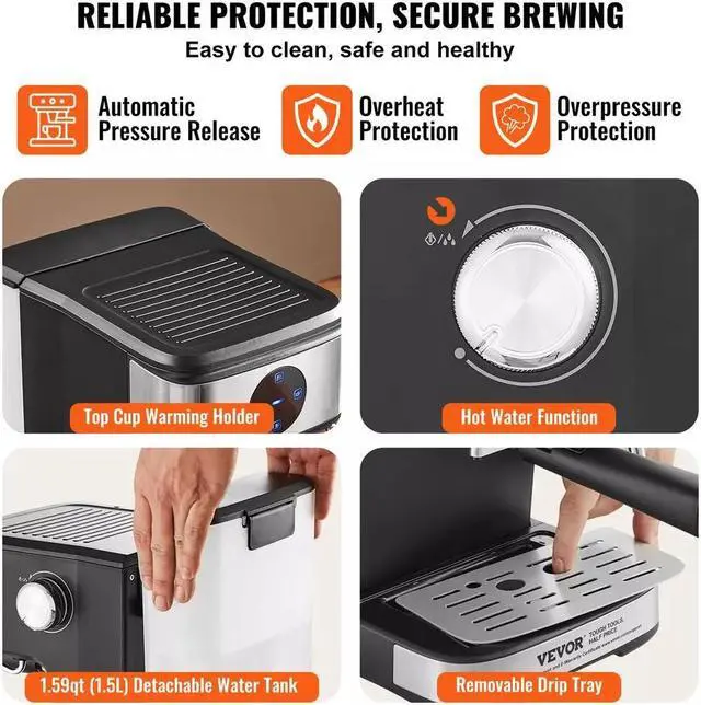 Alt view image 3 of 7 - Espresso Machine 15Bar Coffee and Espresso Maker & Milk Frother Steam Wand