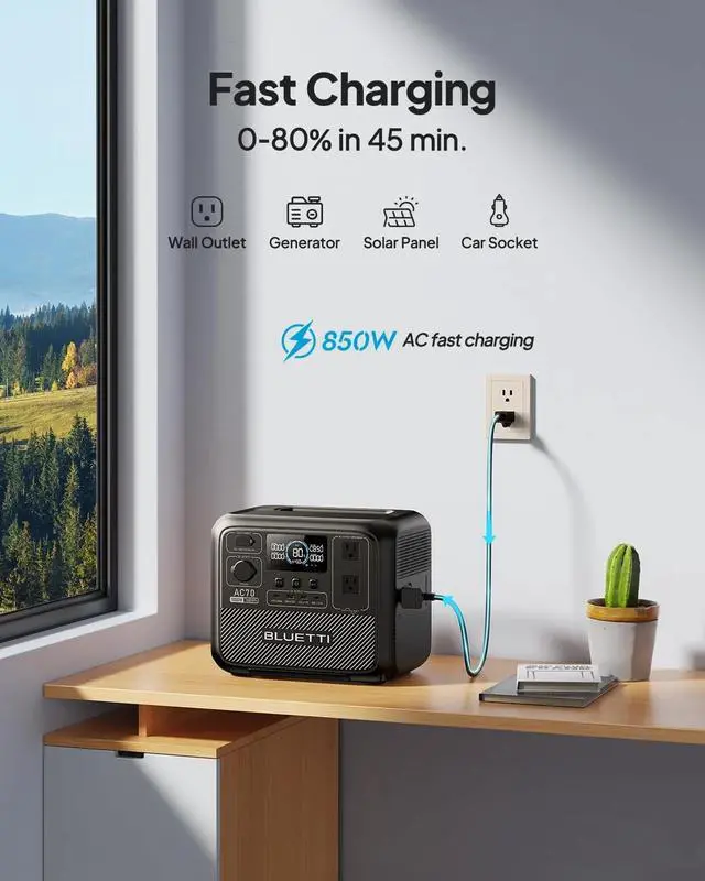 Alt view image 5 of 7 - BLUETTI Portable Power Station AC70 with 100W Solar Panel Included, 768Wh Solar Generator with 2 1000W AC Outlets, 0-80% in 45 Min, LiFePO4 Power for Camping