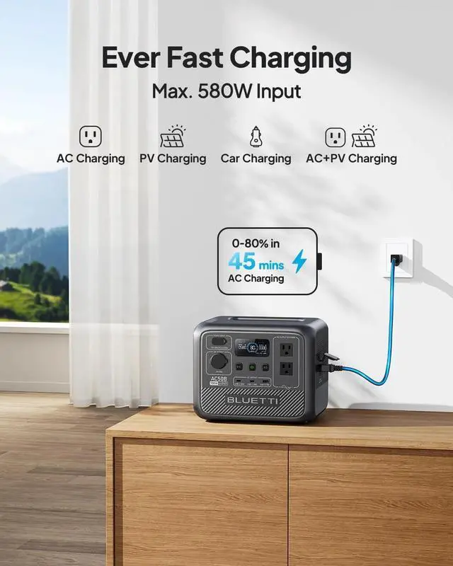 Alt view image 3 of 6 - BLUETTI AC50B 448Wh Portable Power Station, 2x 700W AC Outlets (1000W Power Lift), Fast 45-Min 0-80% Charge, Optional Solar Panel, Perfect for Camping & Emergencies