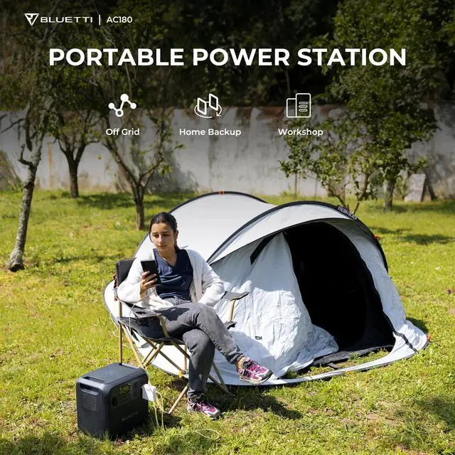 Alt view image 7 of 7 - BLUETTI Solar Generator AC180 with 100W Solar Panel Included, 1152Wh Portable Power Station w/ 4 1800W (2700W Surge) AC Outlets, LiFePO4 Emergency Power for Camping, Off-grid, Power Outage