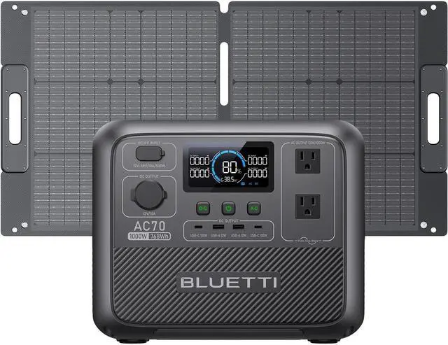 Main image of BLUETTI Portable Power Station AC70 with 100W Solar Panel Included, 768Wh Solar Generator with 2 1000W AC Outlets, 0-80% in 45 Min, LiFePO4 Power for Camping