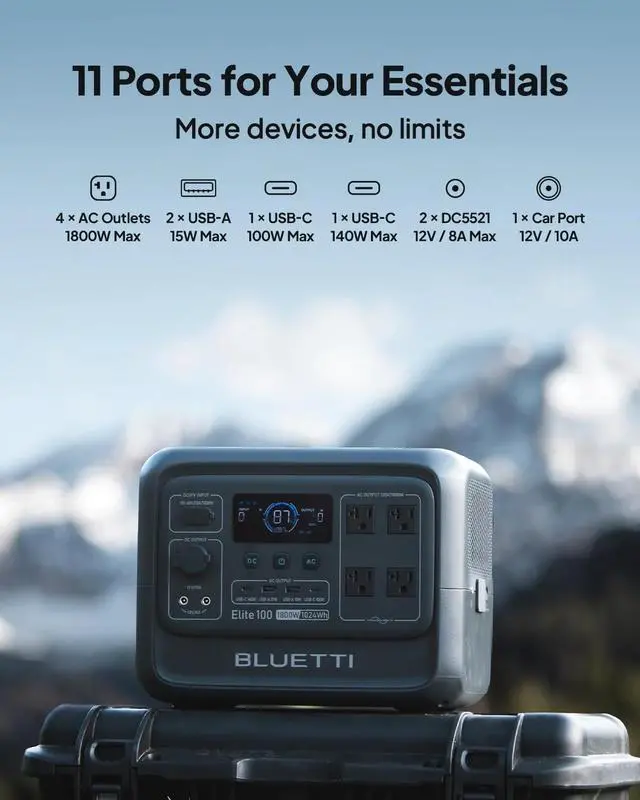 Alt view image 4 of 7 - BLUETTI Elite 100 V2 Portable Solar Generator, 1024Wh LFP Battery, 1800W AC Output, Compact Backup Power for Camping and Home