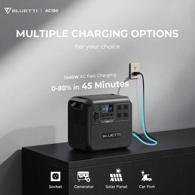 Alt view image 6 of 7 - Bluetti AC180 Solar Generator, 1440W | 1152Wh LiFePO4 Power Station, Portable for Off-Grid, Home, Camping, RV