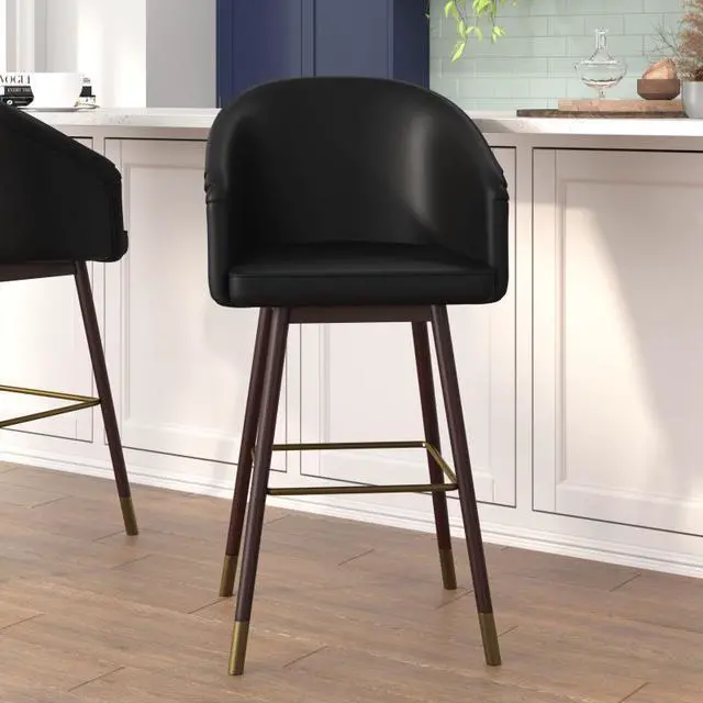 Alt view image 14 of 20 - Margo 30" Commercial Grade Mid-Back Modern Barstool with Walnut Finish Beechwood Legs and Curved Back, Black LeatherSoft/Bronze Accents-Set of 2