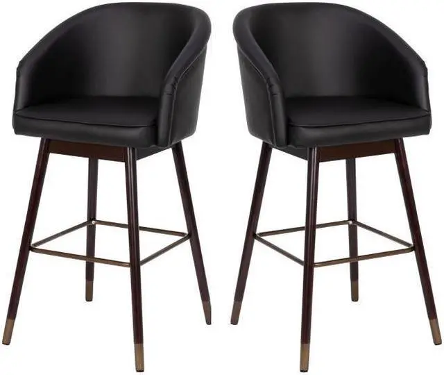 Alt view image 15 of 20 - Margo 30" Commercial Grade Mid-Back Modern Barstool with Walnut Finish Beechwood Legs and Curved Back, Black LeatherSoft/Bronze Accents-Set of 2