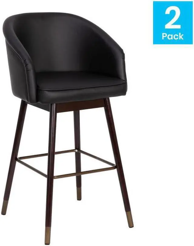 Alt view image 16 of 20 - Margo 30" Commercial Grade Mid-Back Modern Barstool with Walnut Finish Beechwood Legs and Curved Back, Black LeatherSoft/Bronze Accents-Set of 2