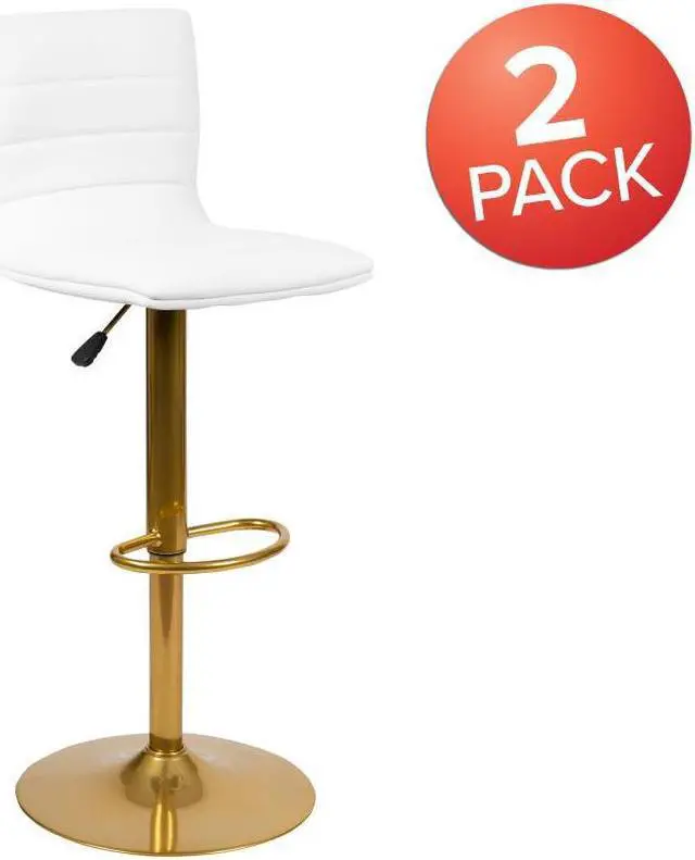 Alt view image 14 of 20 - Modern White Vinyl Adjustable Bar Stool with Back, Counter Height Swivel Stool with Gold Pedestal Base, Set of 2