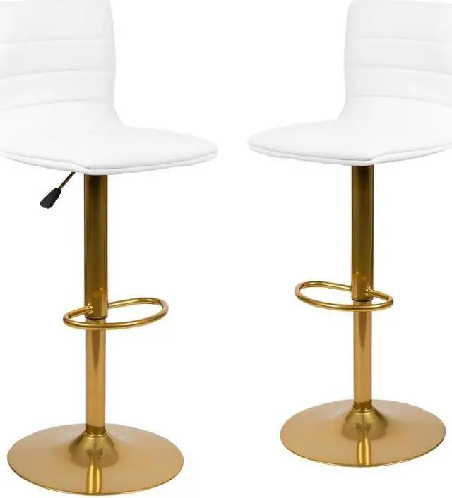 Alt view image 15 of 20 - Modern White Vinyl Adjustable Bar Stool with Back, Counter Height Swivel Stool with Gold Pedestal Base, Set of 2