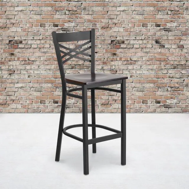 Alt view image 13 of 20 - HERCULES Series Black ''X'' Back Metal Restaurant Barstool - Walnut Wood Seat
